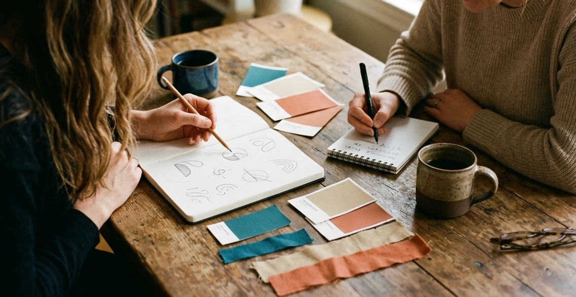 Mains qui dessinent une maquette de site au crayon sur du papier crème