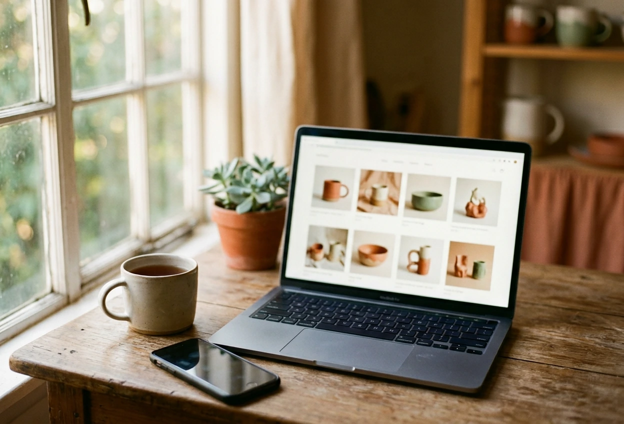 Boutique en ligne affichée sur un ordinateur avec des produits artisanaux prêts à vendre