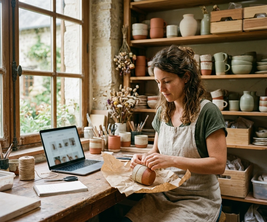 Créatrice qui prépare une commande dans son atelier pour son pack lancement boutique en ligne