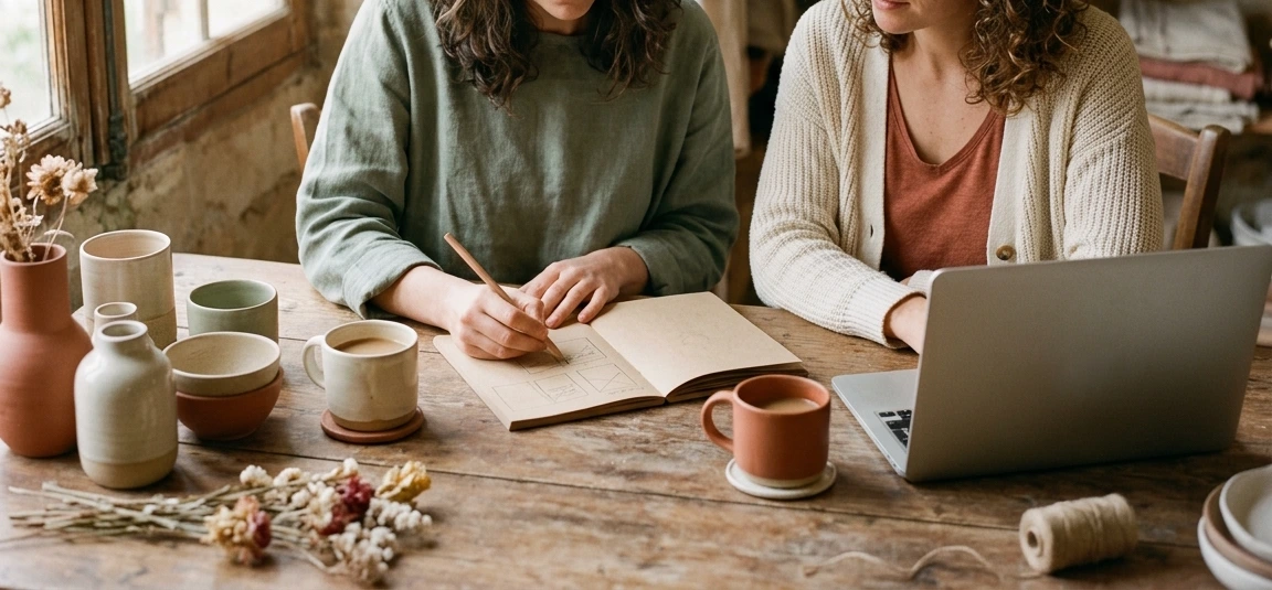 Deux femmes qui préparent ensemble le catalogue d'une boutique en ligne